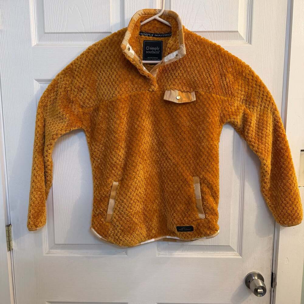 Simply Southern Women's Mustard Gold Textured Fleece Pullover w Plaid Trim Sz S